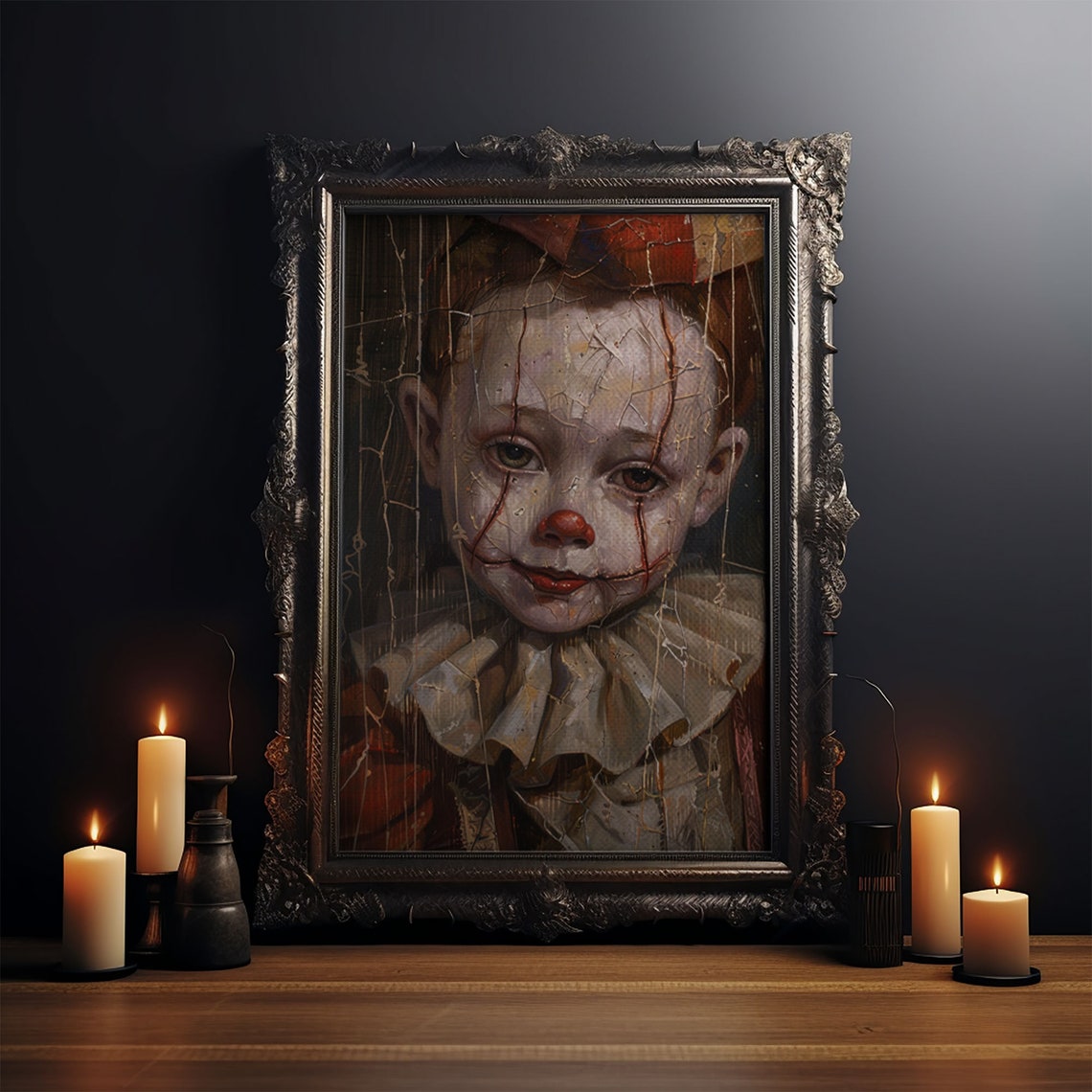 Haunting Creepy Clown Portrait With Cracked Face Spooky Wall Art - Image 4