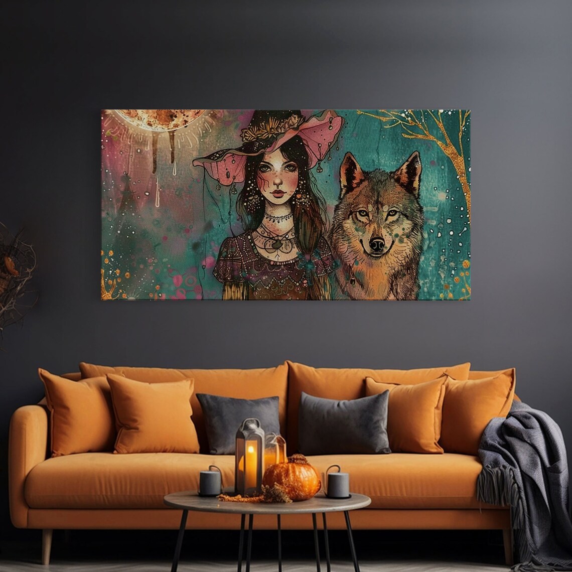 Witch And Wolf Familiar Portrait Gold Moon Dark Academia Halloween Wall Art - Image 3