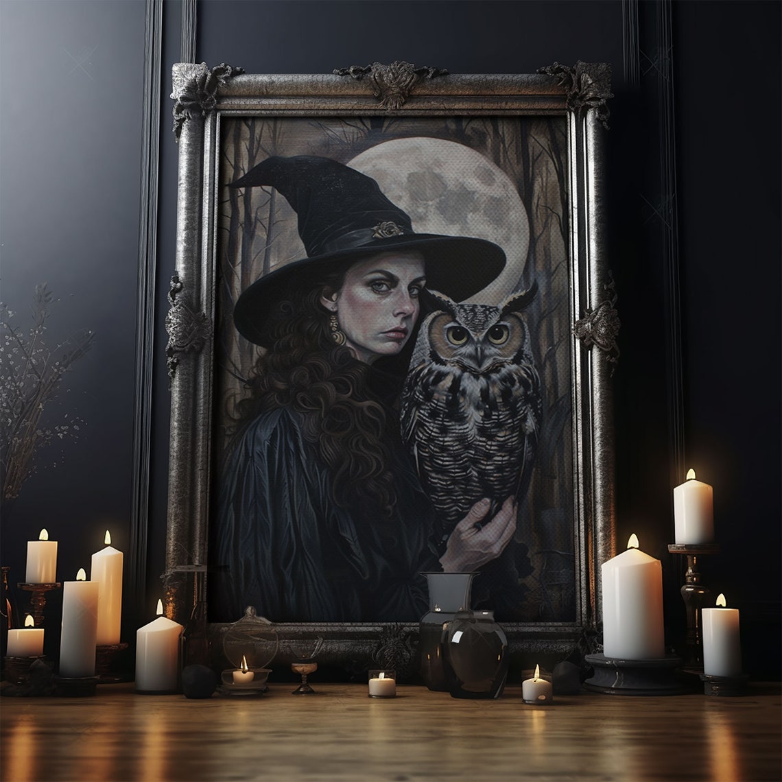 Dark Witch Holding Wise Owl Under Full Moon Gothic Portrait Poster - Image 5