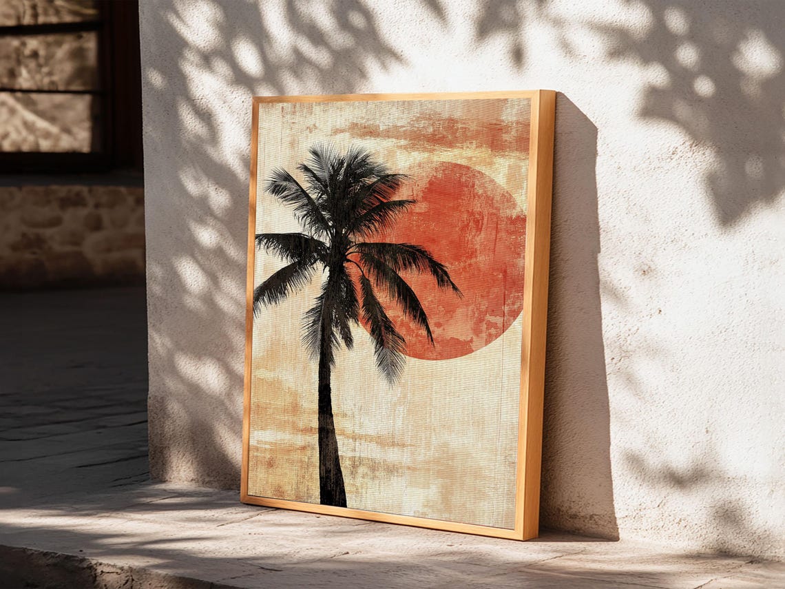 Black Palm Tree Silhouette Against Red Sun Vintage Beach Poster - Image 3
