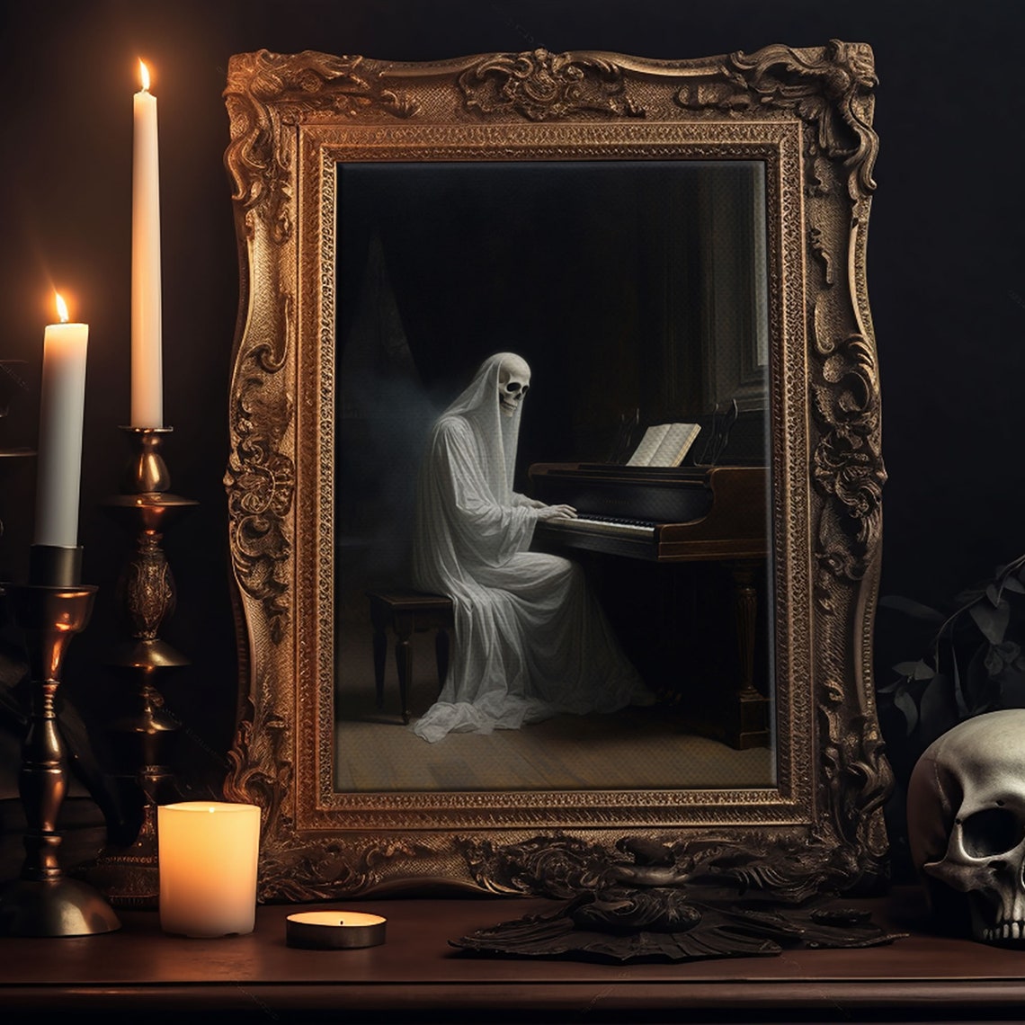 Gothic Ghost Playing Piano Dark Victorian Haunted Oil Painting Poster