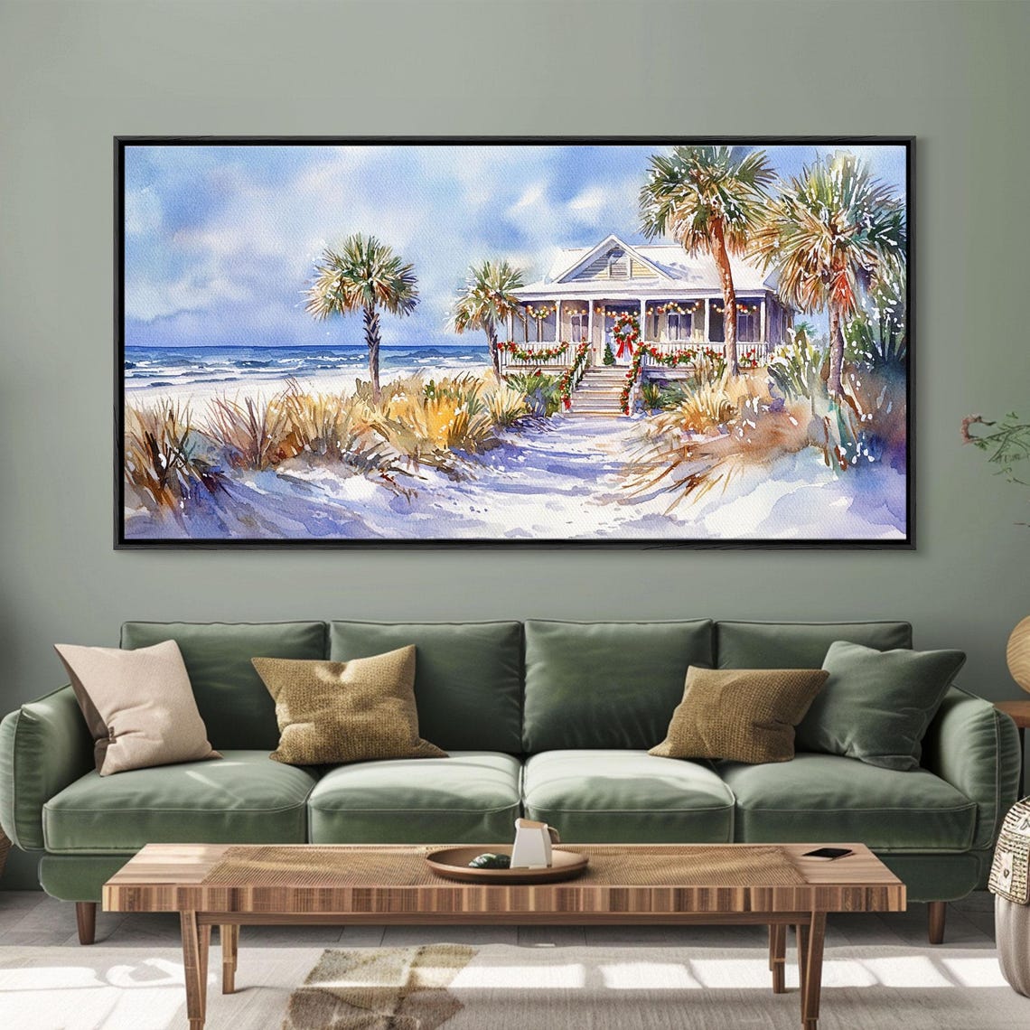 Sunny Tropical Beach House Christmas Palms Ocean Waves Art Print