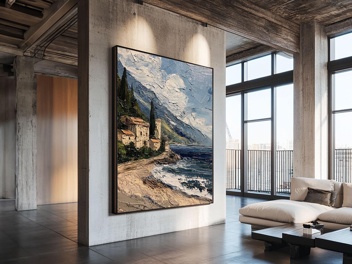 Italian Seaside Cliff Village Impasto Oil Painting Coastal Art Poster - Image 4