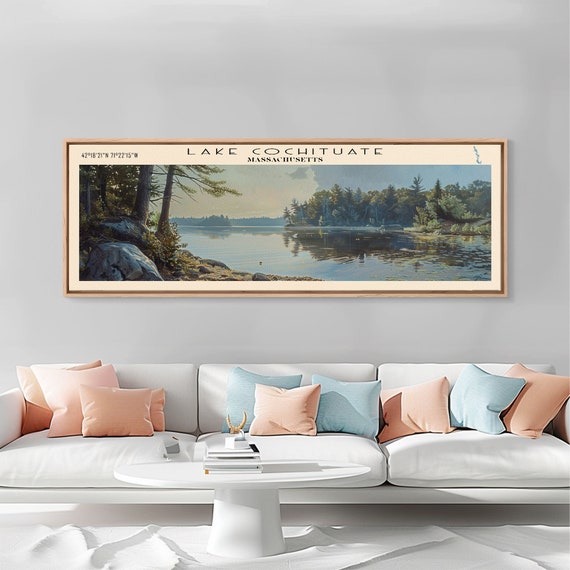 Lake Cochituate Massachusetts Framed Print Lake House Decor Panoramic Wall Art Travel Poster Beautiful Lake Painting Nature Art