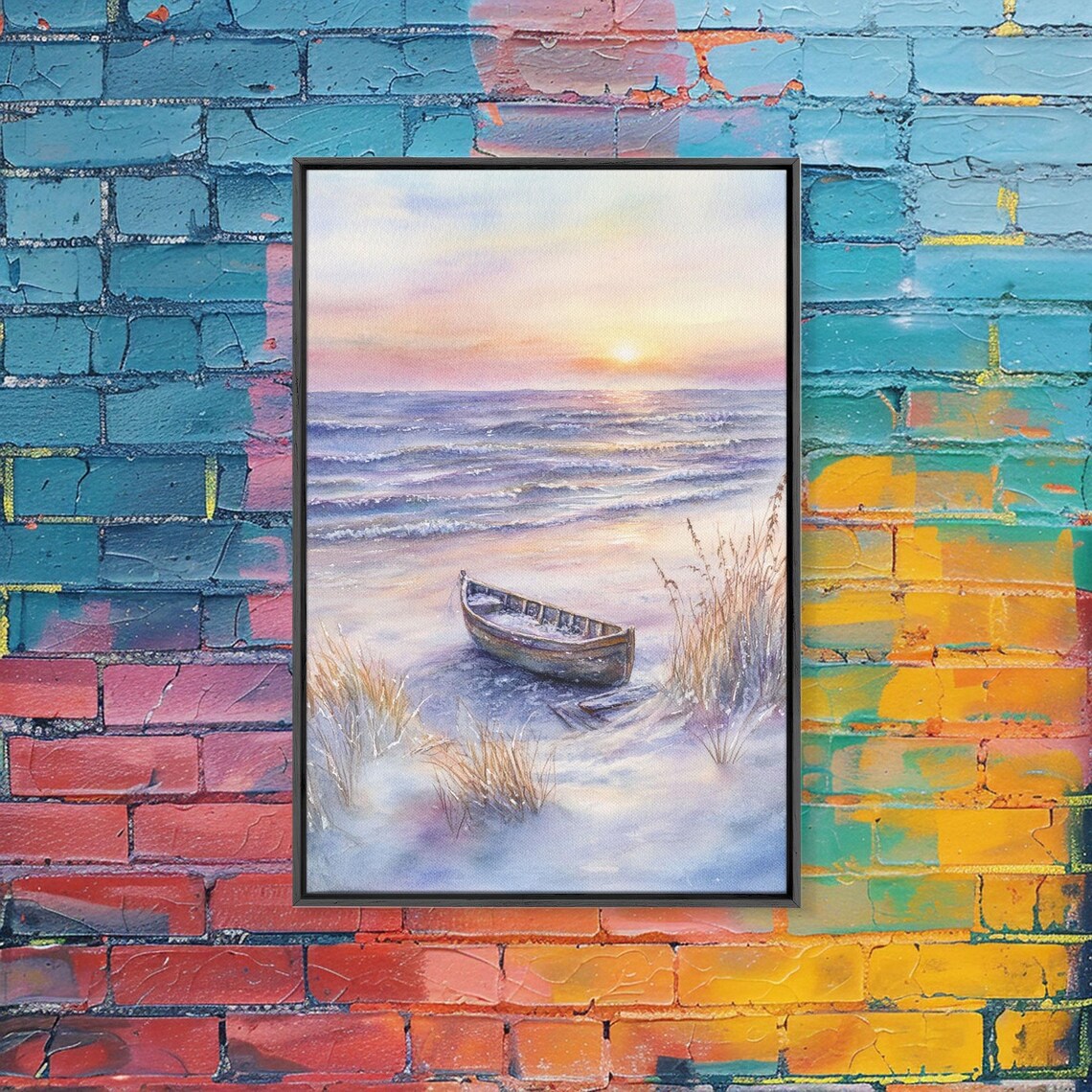 Abandoned Rowboat On Beach At Sunset Pastel Waves Coastal Poster - Image 5