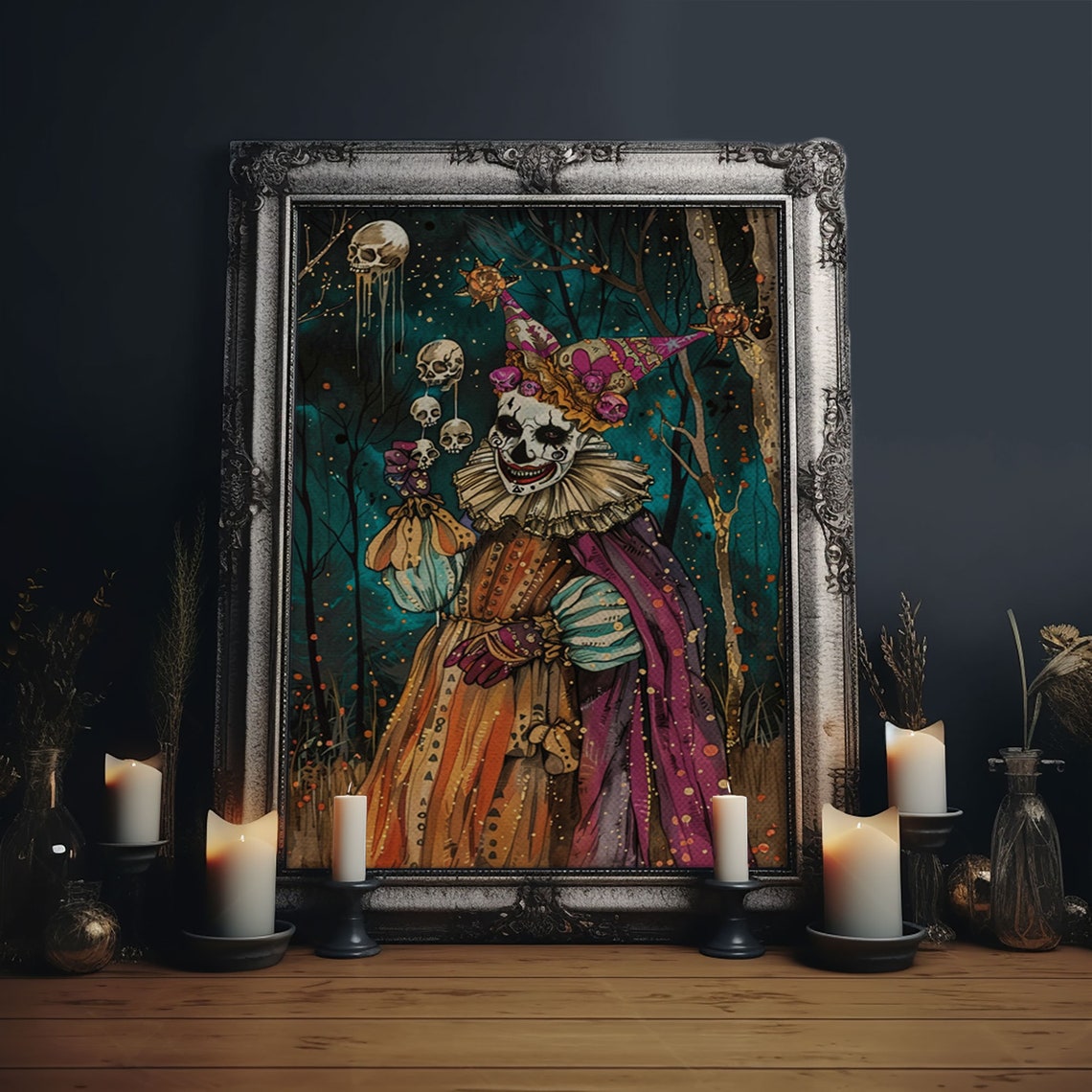 Sinister Jester Skull Face Dark Forest Vintage Horror Art Poster