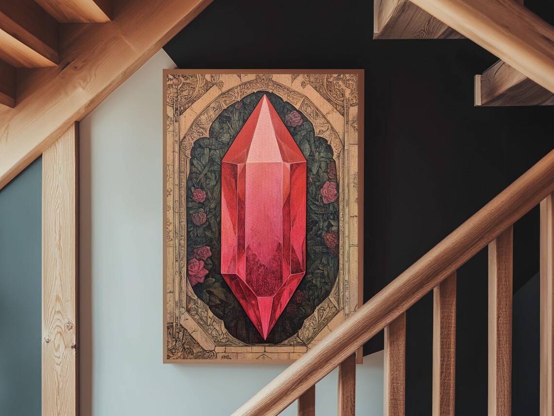 Red Ruby Crystal Painting Art Print Vintage Gemstone Mineral Wall Decor - Image 2