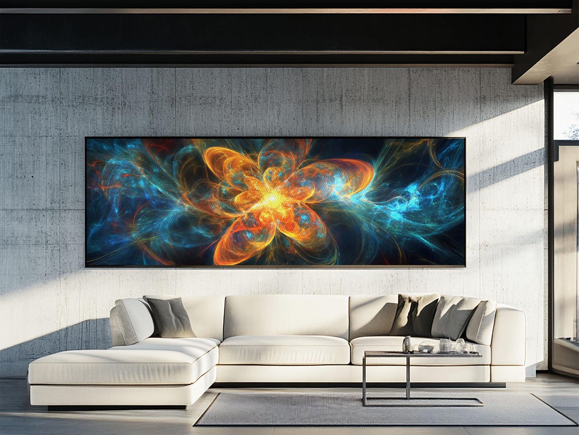 Fiery Fractal Blossom Panoramic Glowing Orange Blue Cosmic Art Poster - Image 3