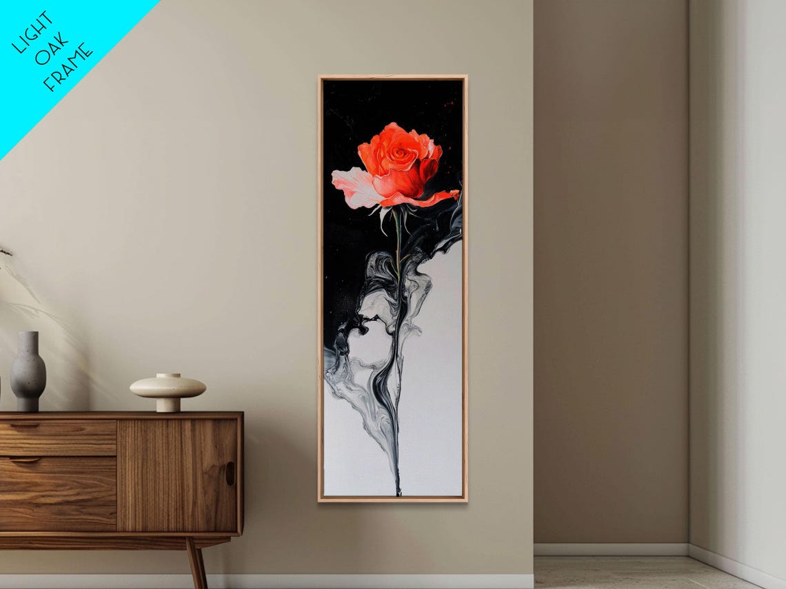 Dramatic Coral Rose Black White Smoke Swirl Modern Floral Poster