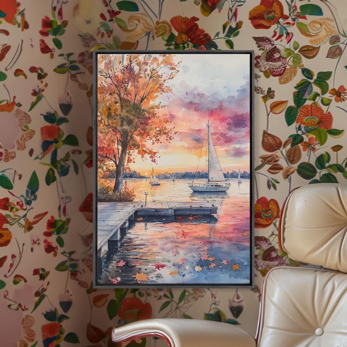 Sailboats At Sunset On Calm Water With Autumn Trees And Dock Poster