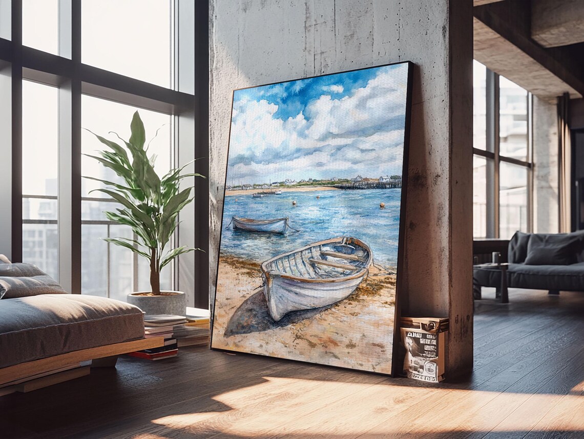 Wooden Rowboats On Shore Watercolor Coastal Beach Nautical Scene Poster - Image 2