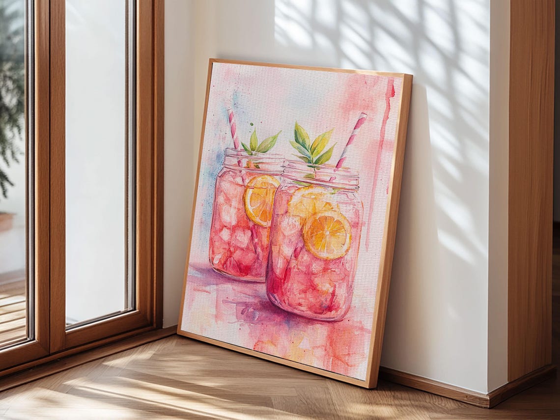 Pink Lemonade Mason Jars Watercolor Citrus Summer Refreshing Poster - Image 3