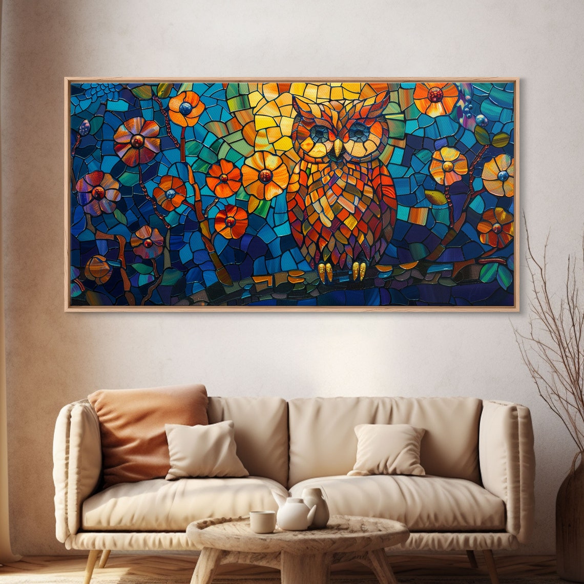 Stained Glass Owl Orange Branch Mosaic Blue Night Blooms Art Poster - Image 4