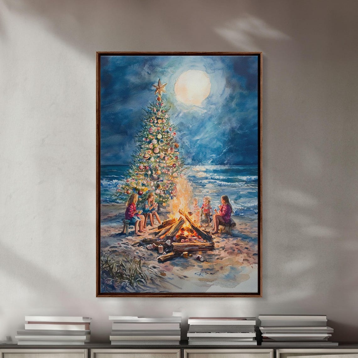 Family Beach Bonfire With Christmas Tree Under Moonlit Ocean Poster