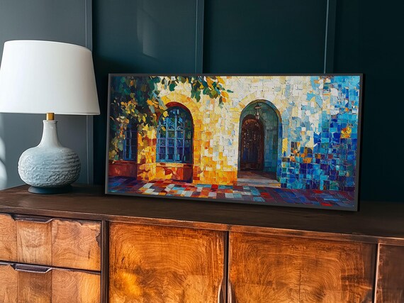 Sunlit Arched Windows Mosaic Blue Gold Mediterranean Tile Art Poster