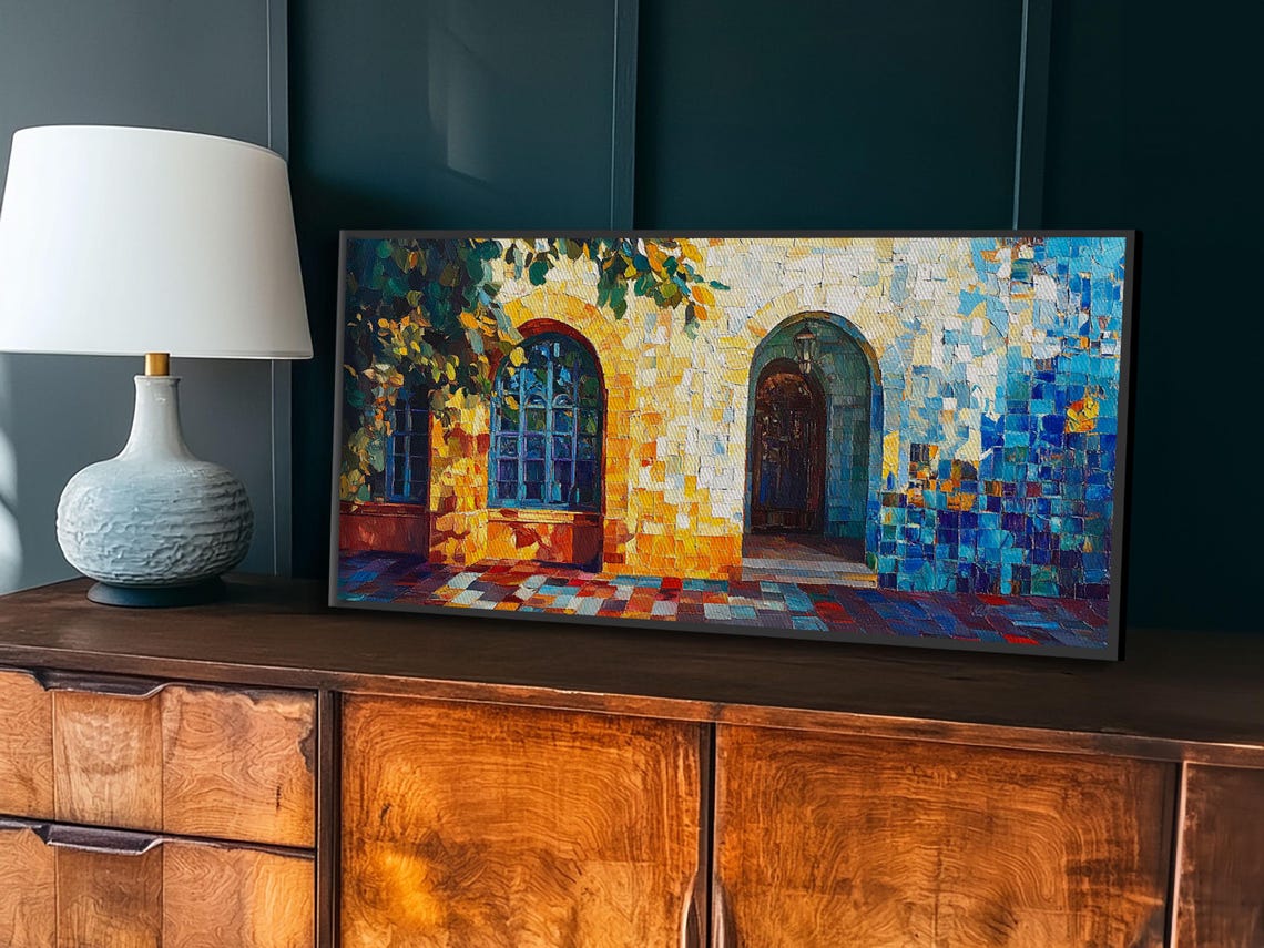 Sunlit Arched Windows Mosaic Blue Gold Mediterranean Tile Art Poster