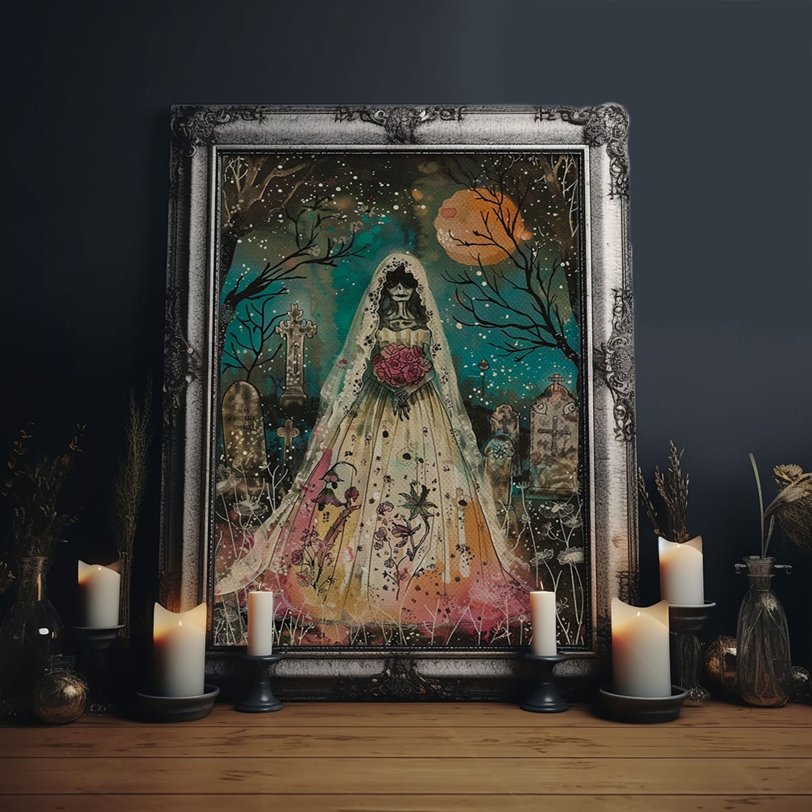 Skeleton Bride Graveyard Moonlit Cemetery Roses Watercolor Art Poster