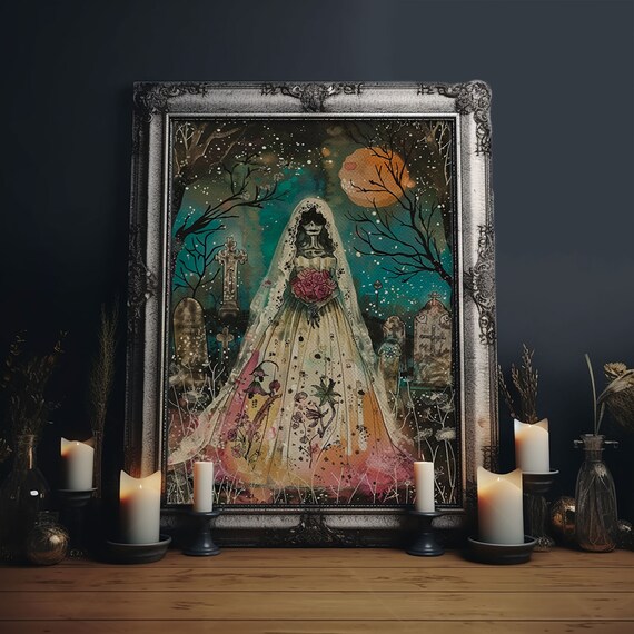 Skeleton Bride Graveyard Moonlit Cemetery Roses Watercolor Art Poster