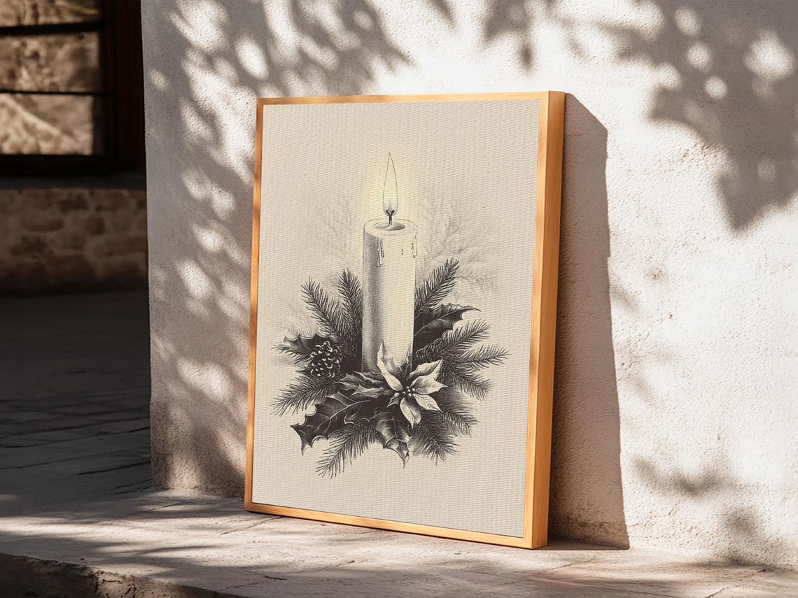 Lit Christmas Candle With Holly and Pine Vintage Sketch Holiday Poster - Image 3