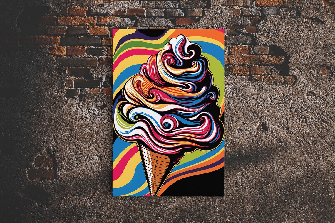 Pop Art Ice Cream Cone Art Print, Psychedelic Style