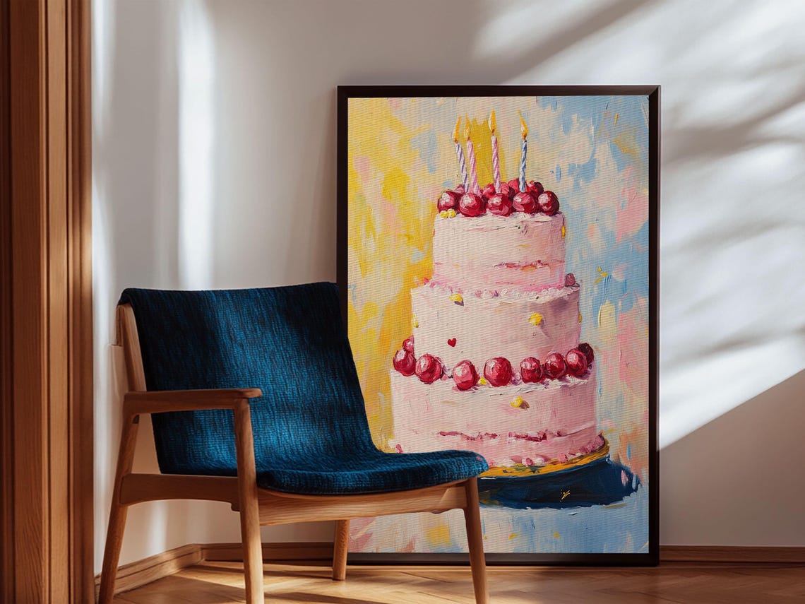 Cherry Birthday Cake With Lit Candles Colorful Oil Painting Poster - Image 5