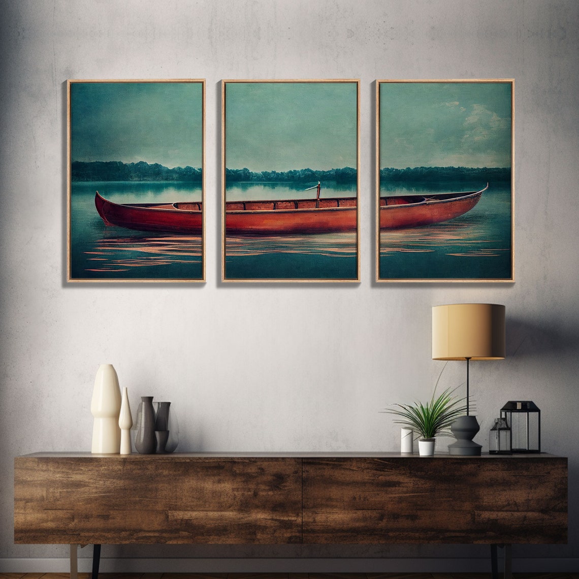 Red Canoe On Calm Teal Lake Three Piece Wall Art Tranquil Print