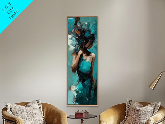 Moody Woman Framed Print In Teal Dark Romance Painting Moody Art Living Room Art Gift Idea Vertical Wall Art