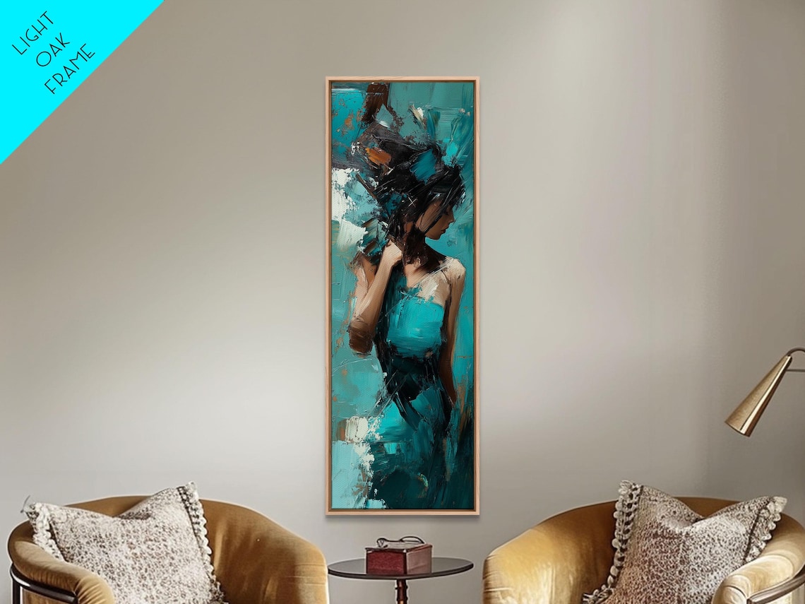 Moody Teal Woman Portrait Tall Vertical Abstract Brushstroke Art Poster