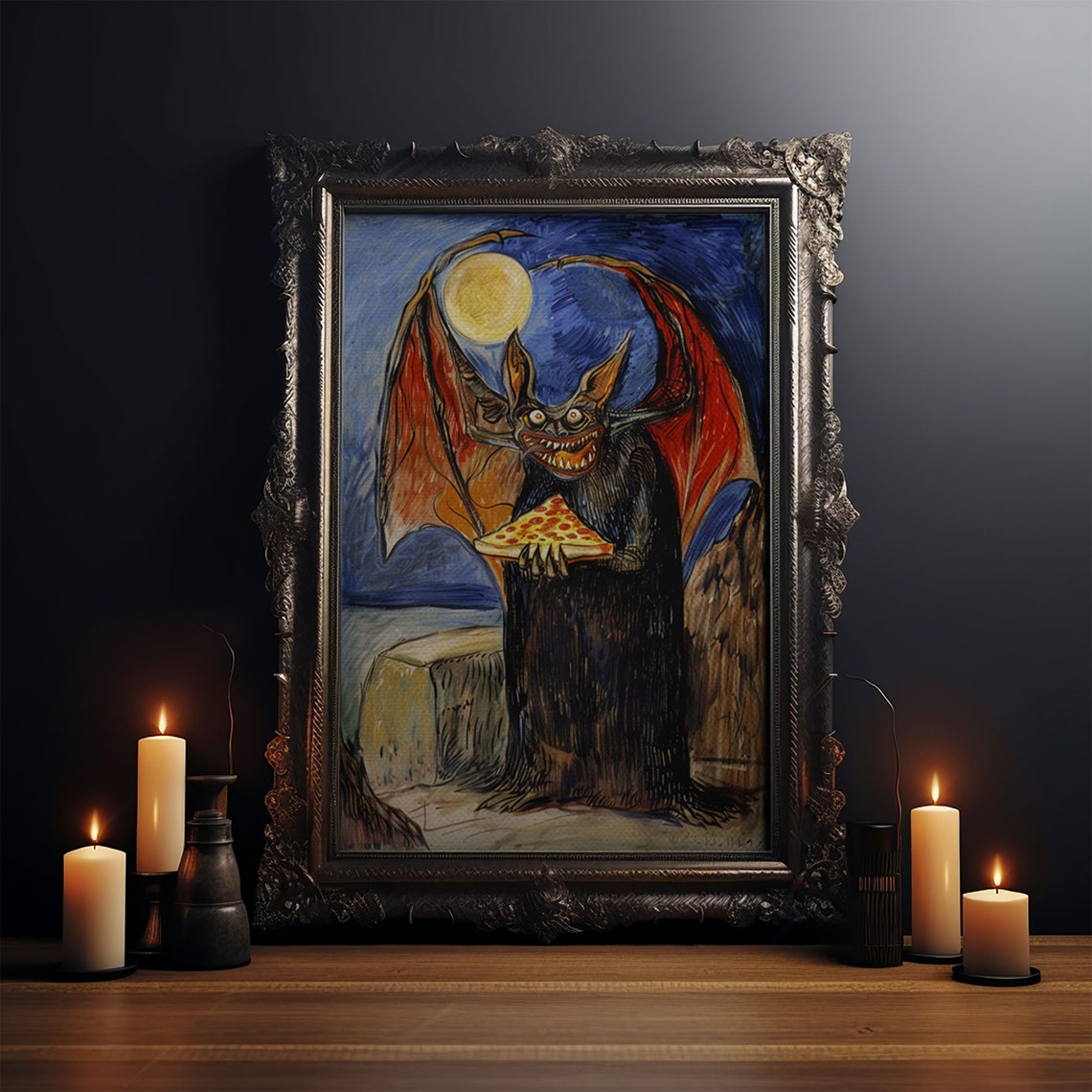 Vampire Bat Pizza Full Moon Starry Night Funny Whimsical Art Poster - Image 3