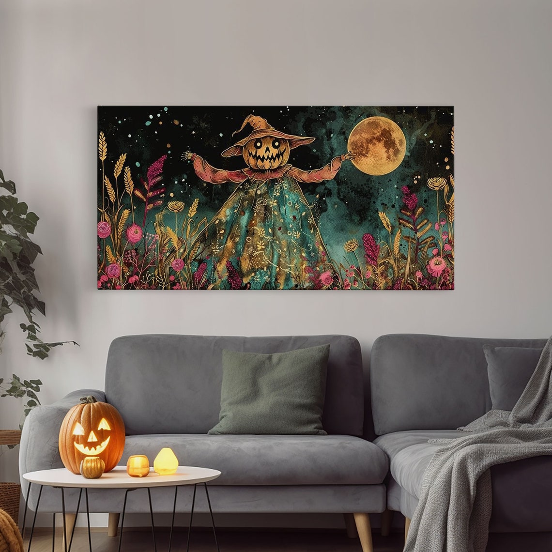 Jack O Lantern Scarecrow In Colorful Night Flower Field Art Print - Image 4