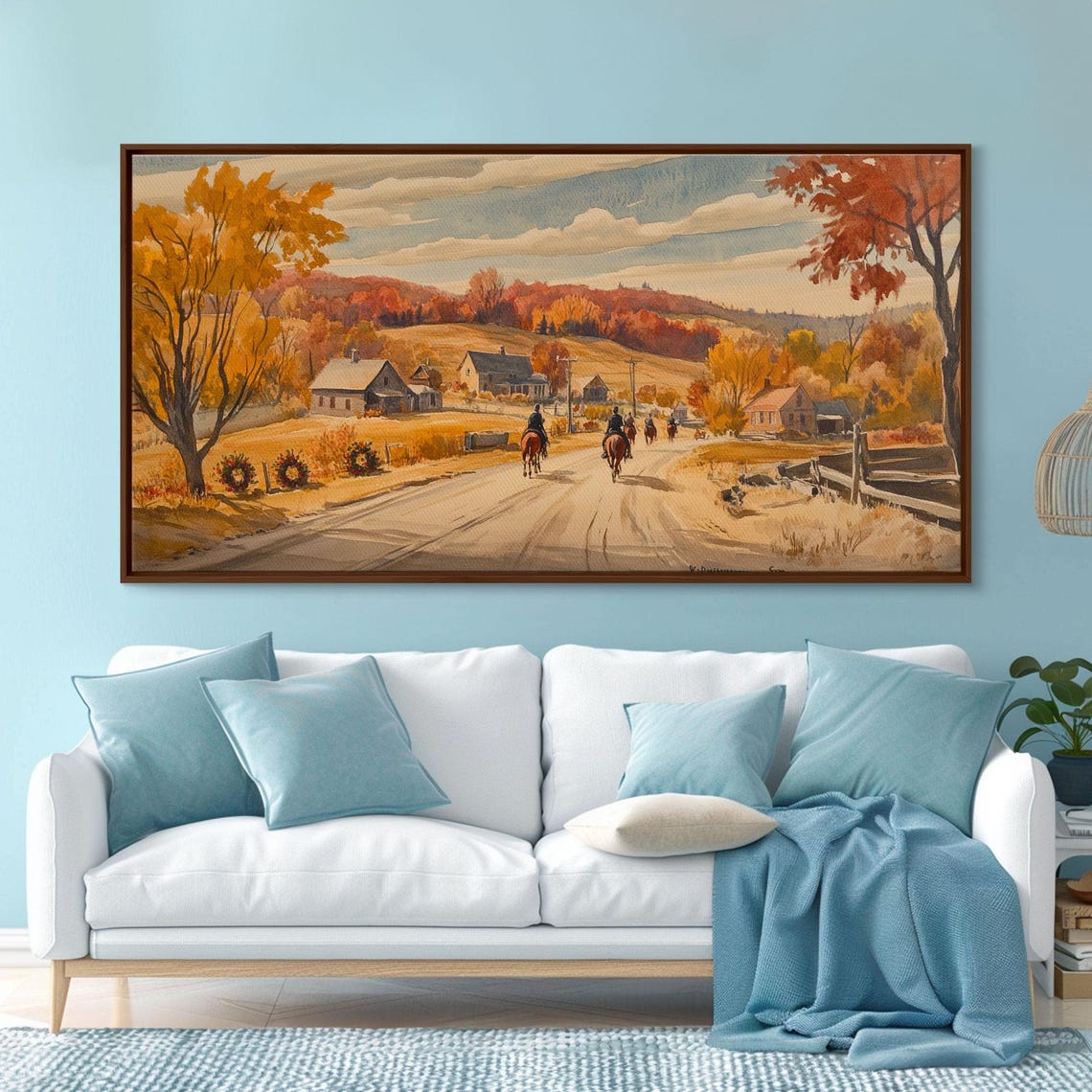 Horseback Riders Approaching Golden Autumn Farm Village Art Print - Image 5