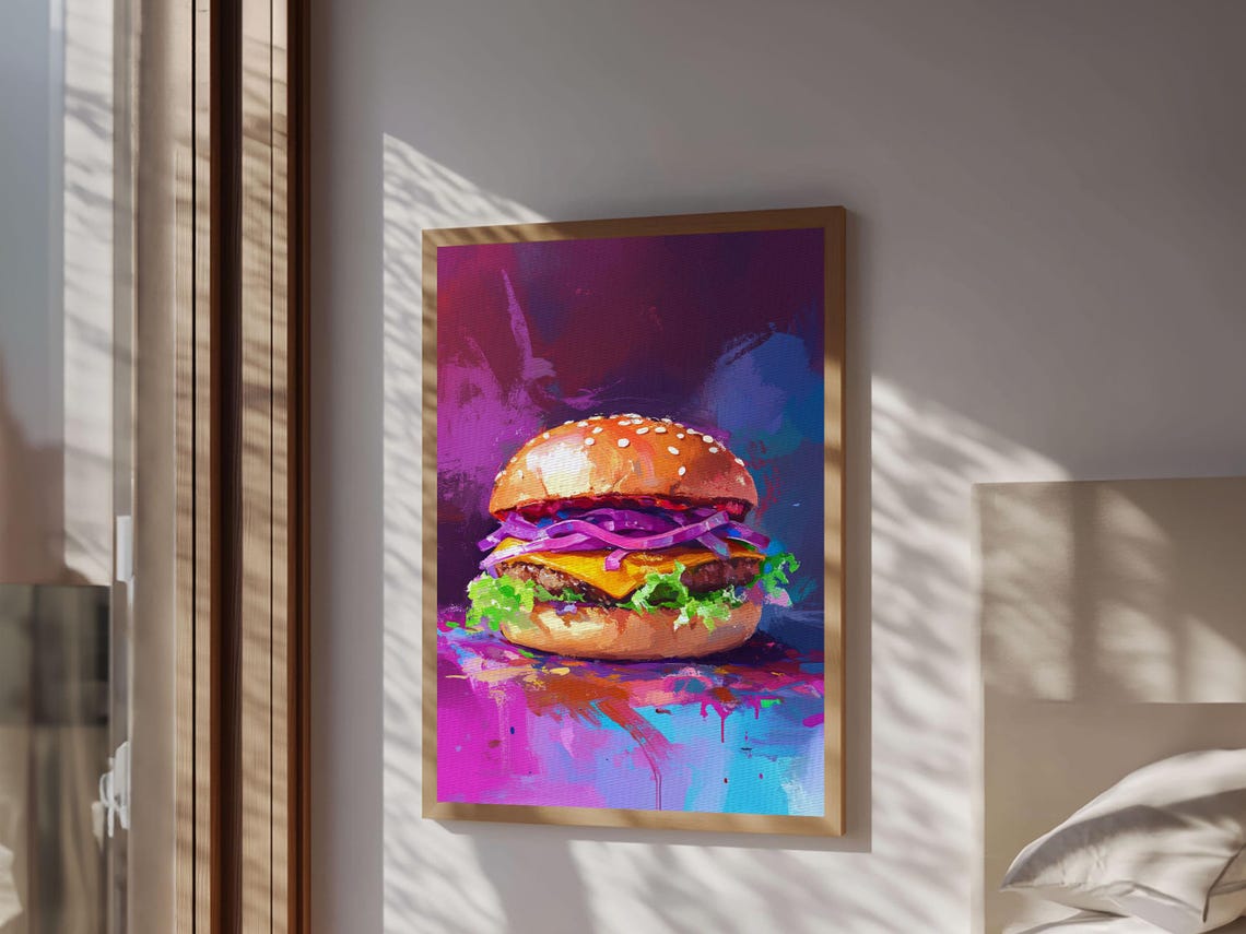 Pop Art Cheeseburger Neon Purple Kitchen Food Painting Art Print - Image 3