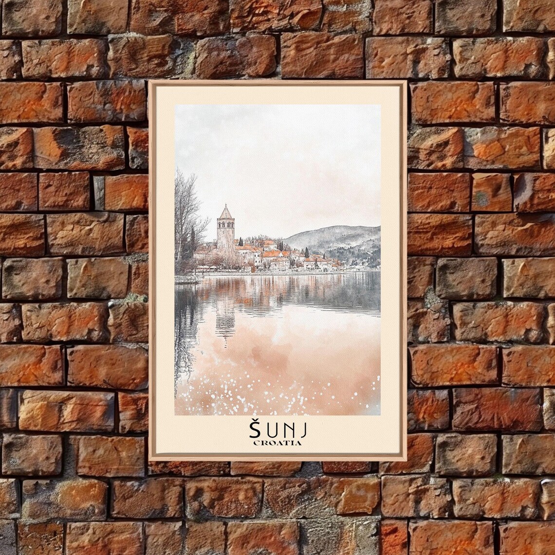Sunj Croatia Old Town Church Tower Lake Reflection Watercolor Poster - Image 5