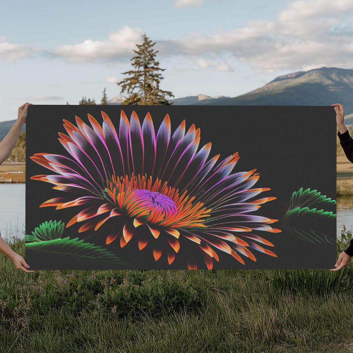 Neon Flower Blooming Dark Background Vibrant Botanical Art Wall Art