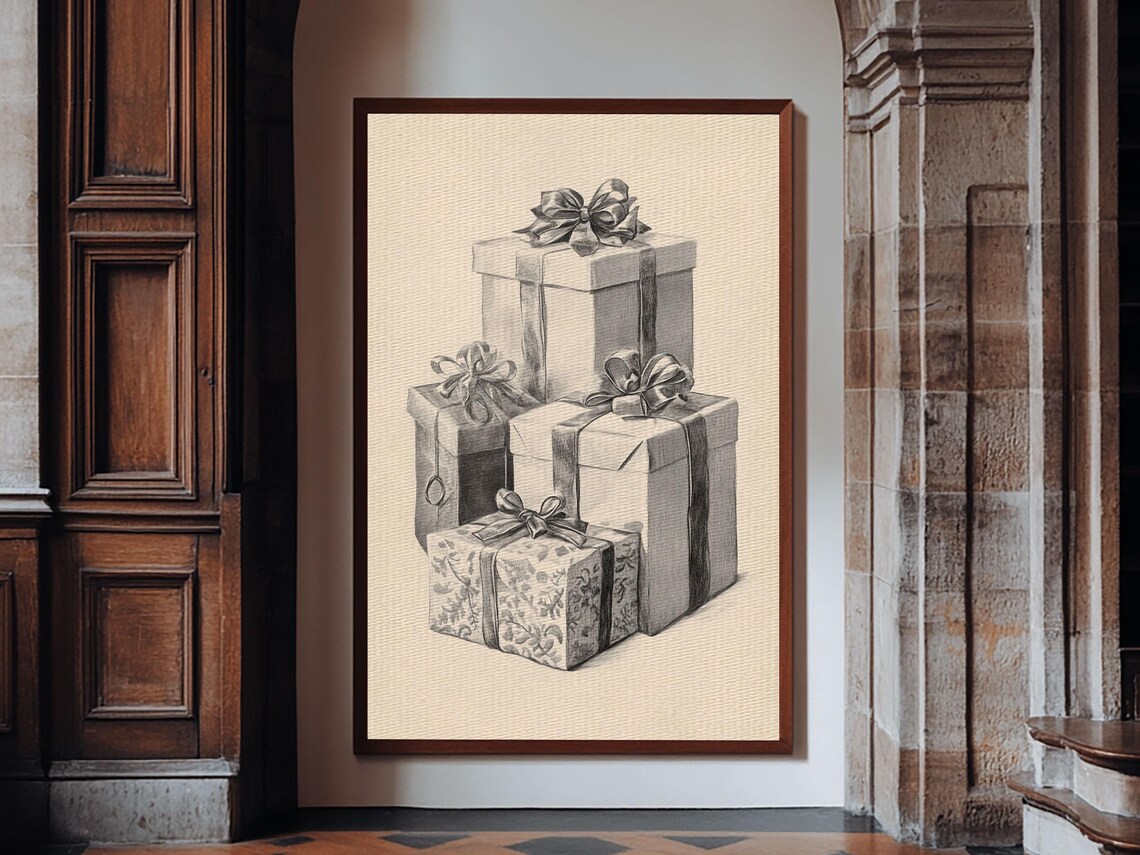 Christmas Gifts Sketch Minimalist Holiday Gift Boxes Pencil Art Poster - Image 2