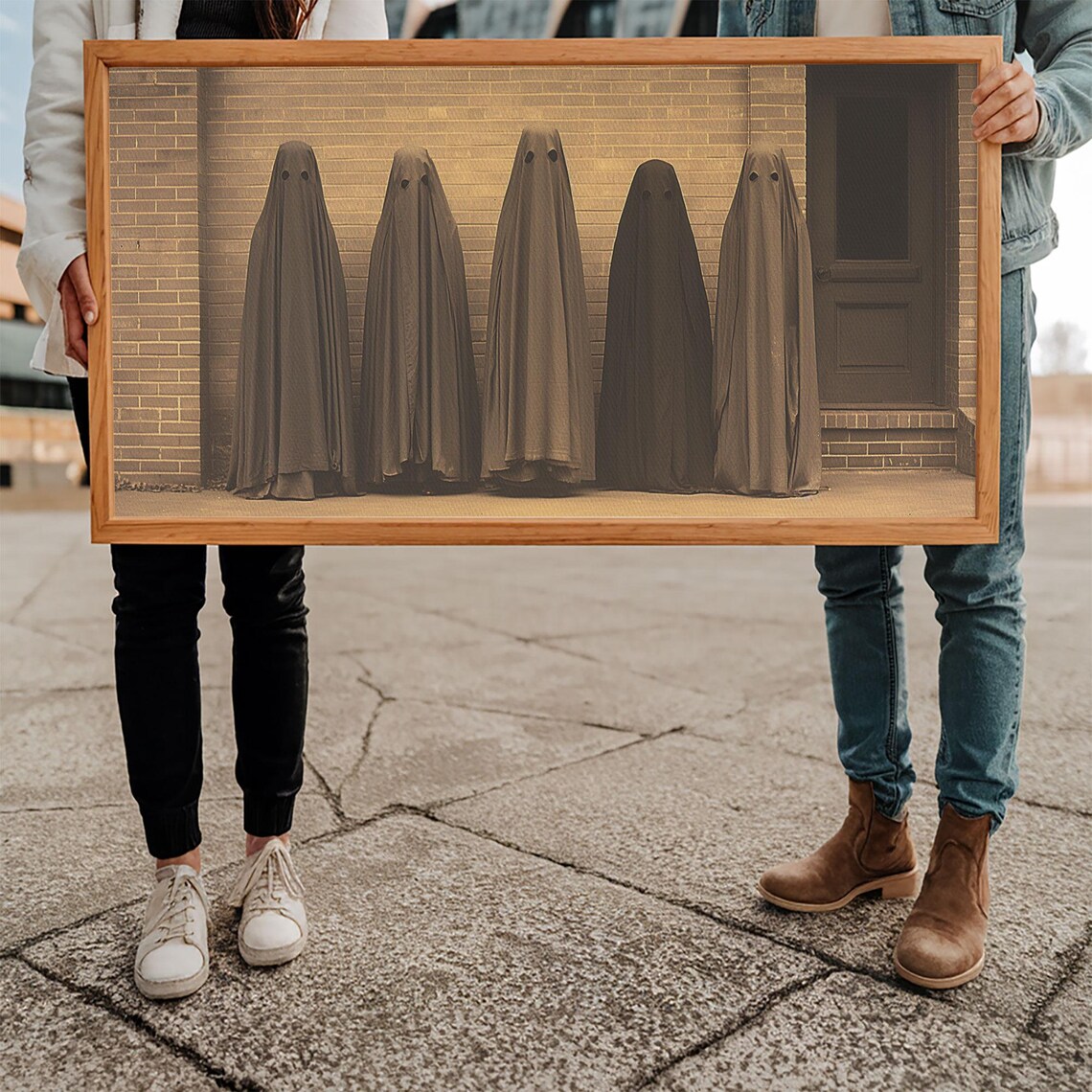 Sheet Ghosts Lined Up Brick Wall Vintage Sepia Halloween Photo Poster - Image 5