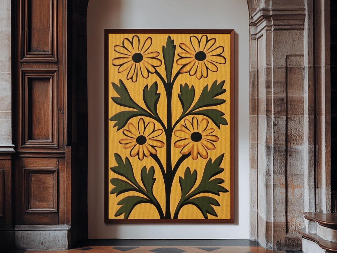 Folk Art Yellow Daisy Flowers Mustard Boho Botanical Wall Poster