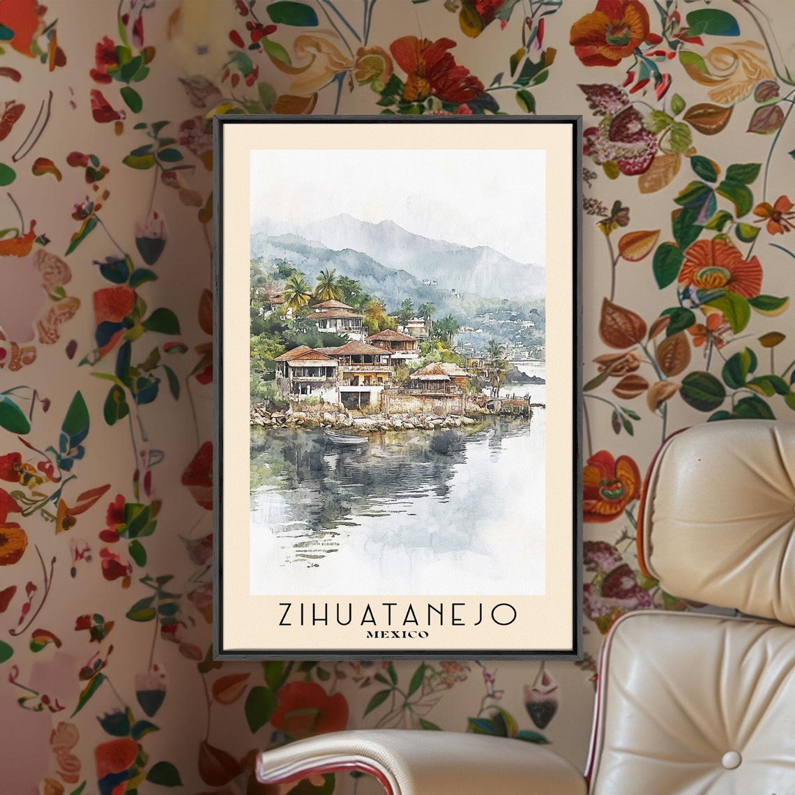 Zihuatanejo Mexico Waterfront Villas Calm Bay Hills Watercolor Poster