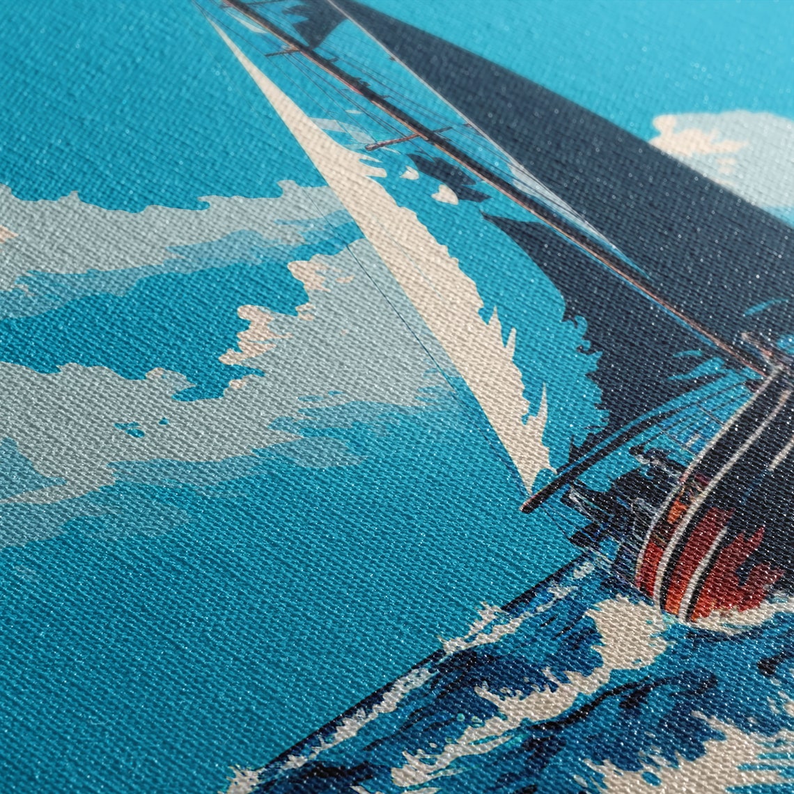 Panoramic Sailboat Blue Ocean Waves Full Sails Sunny Sky Wall Poster - Image 2