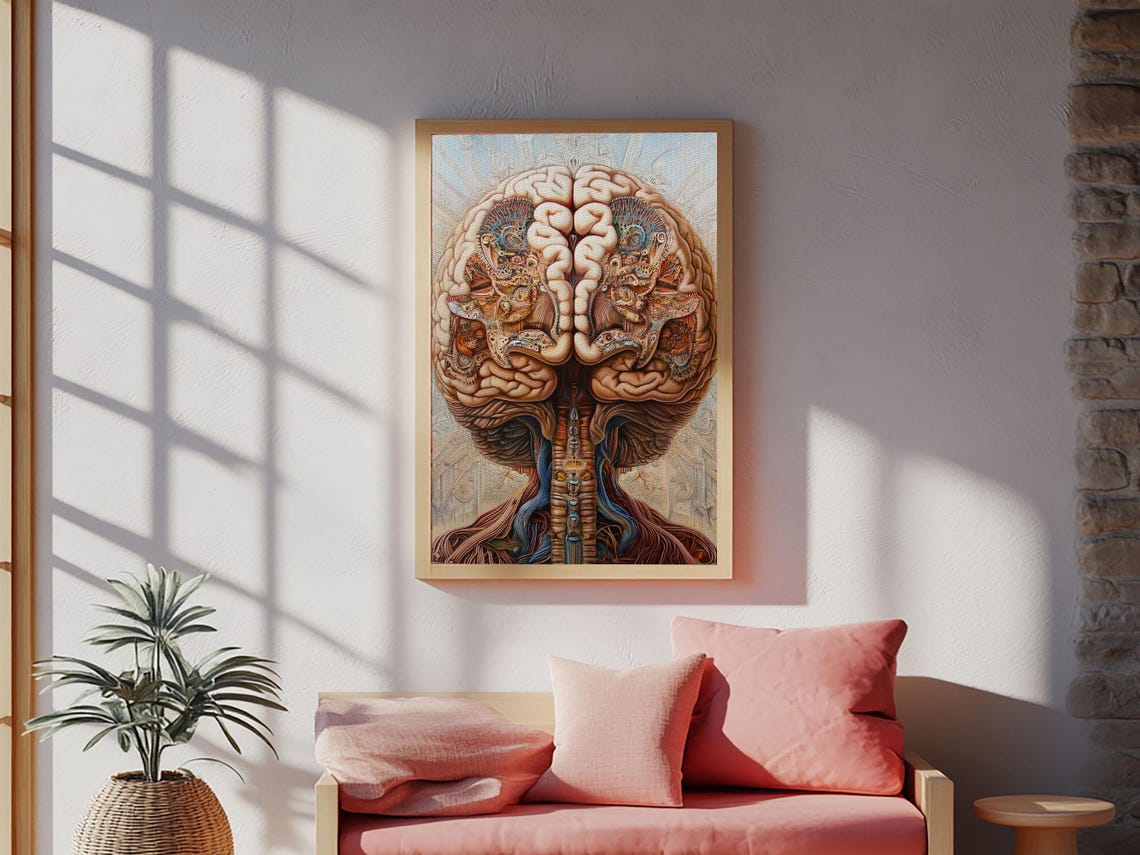 Vintage Human Brain Anatomy Intricate Science Medical Art Wall Poster