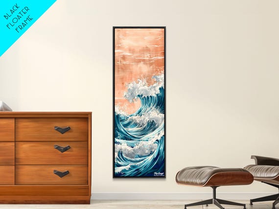 Majestic Wave Peach Sky Japanese Art Skinny Art Tall Art Framed Print Ukiyo E Style