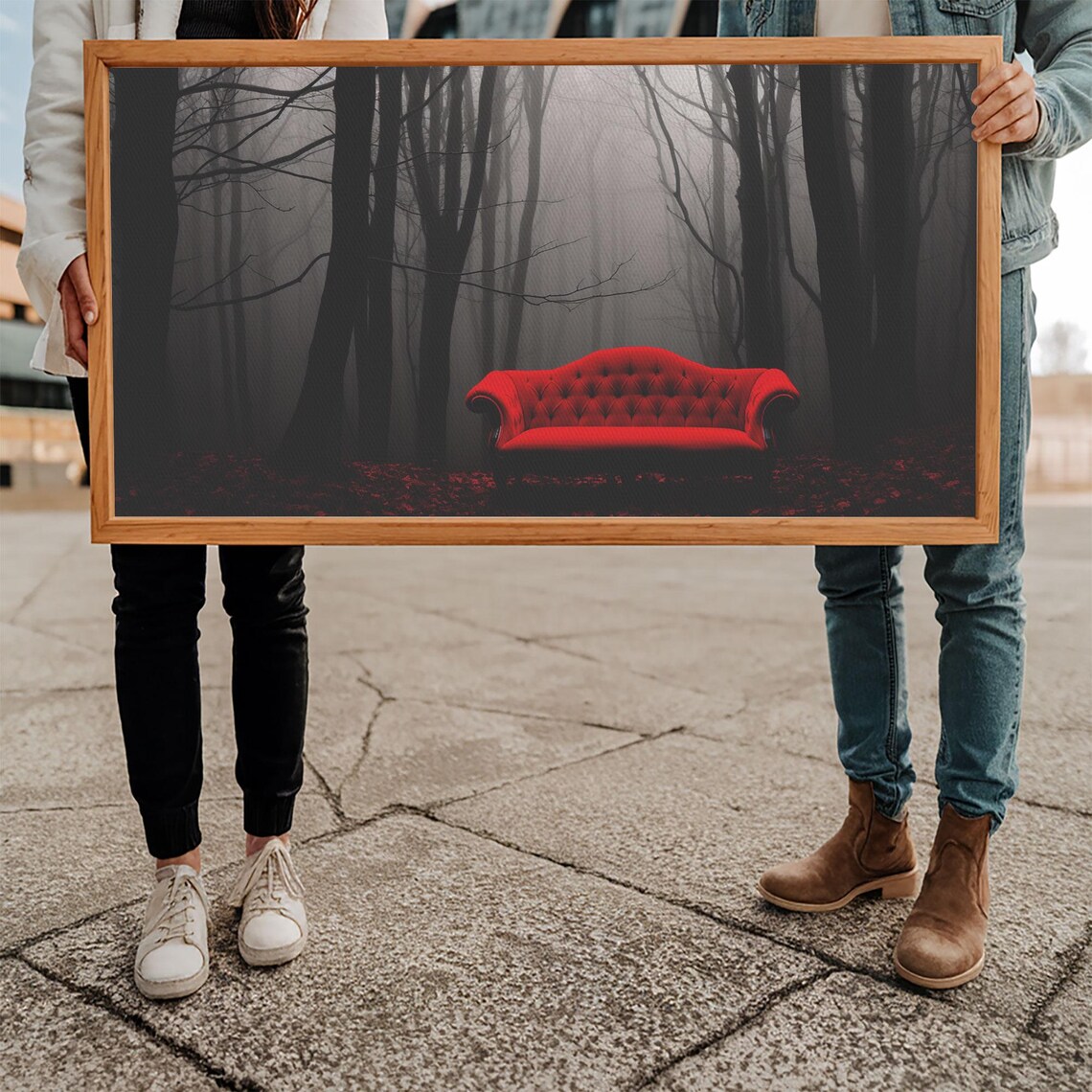 Red Velvet Sofa In Dark Foggy Forest Surreal Gothic Mystery Wall Art Poster - Image 5