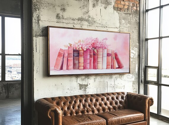 Pink Book Stack With Blossoms Wide Horizontal Library Watercolor Art Poster