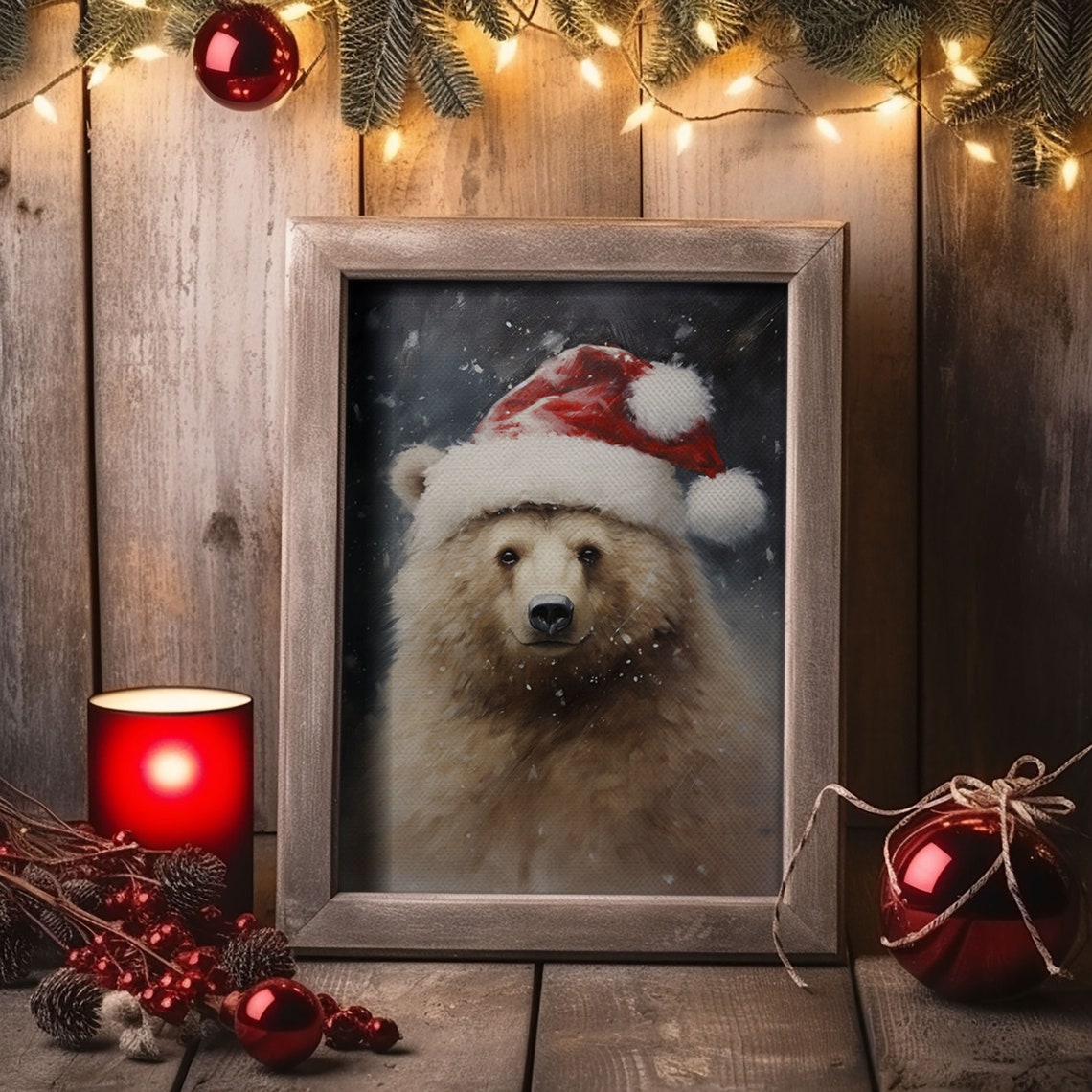 Cute Fluffy Brown Bear Wearing Red Santa Hat Snow Christmas Poster