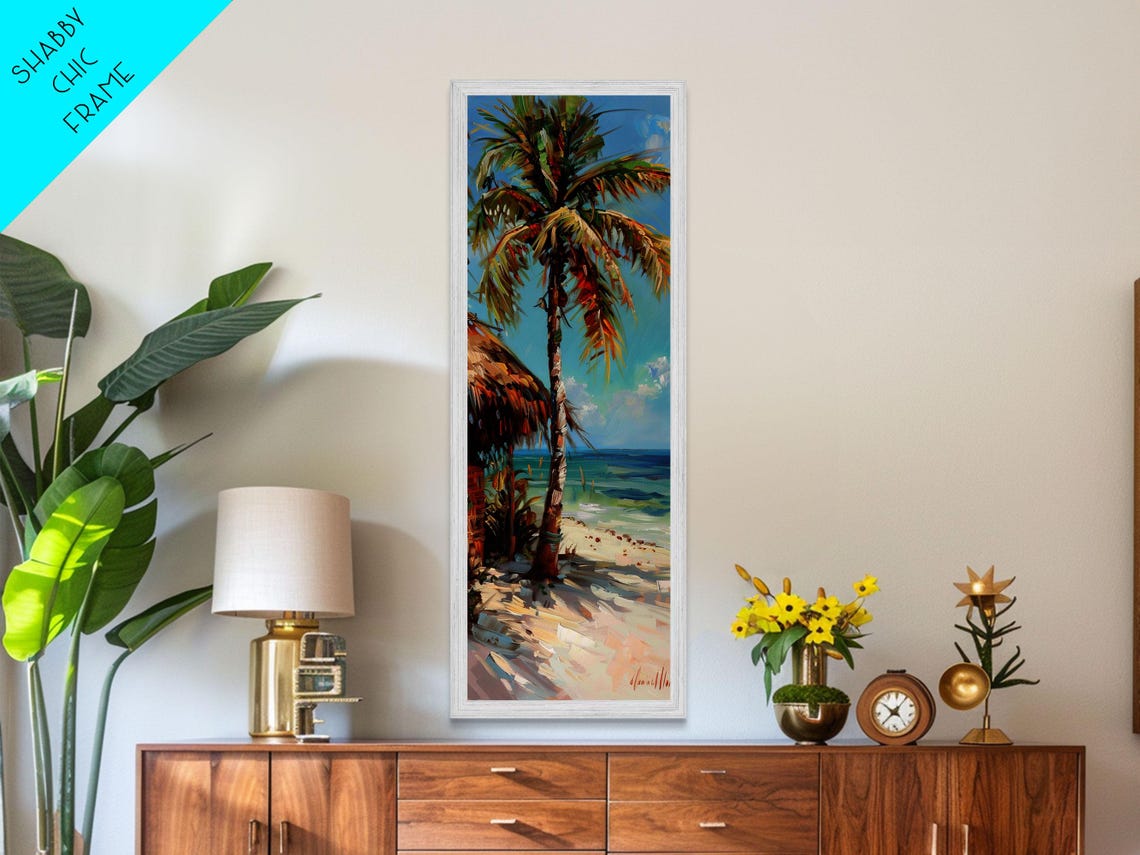 Tall Palm Tree With Thatched Hut On Tropical Beach Sunny Coast Poster - Image 3