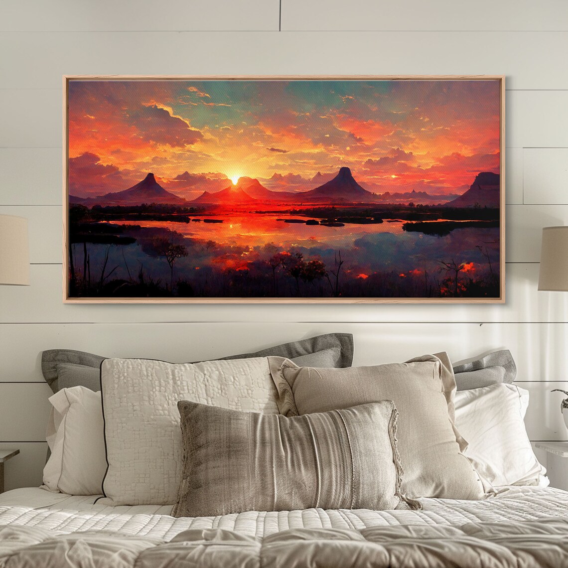 Mountain and Lake Sunset Oil Painting Art Print - Image 4