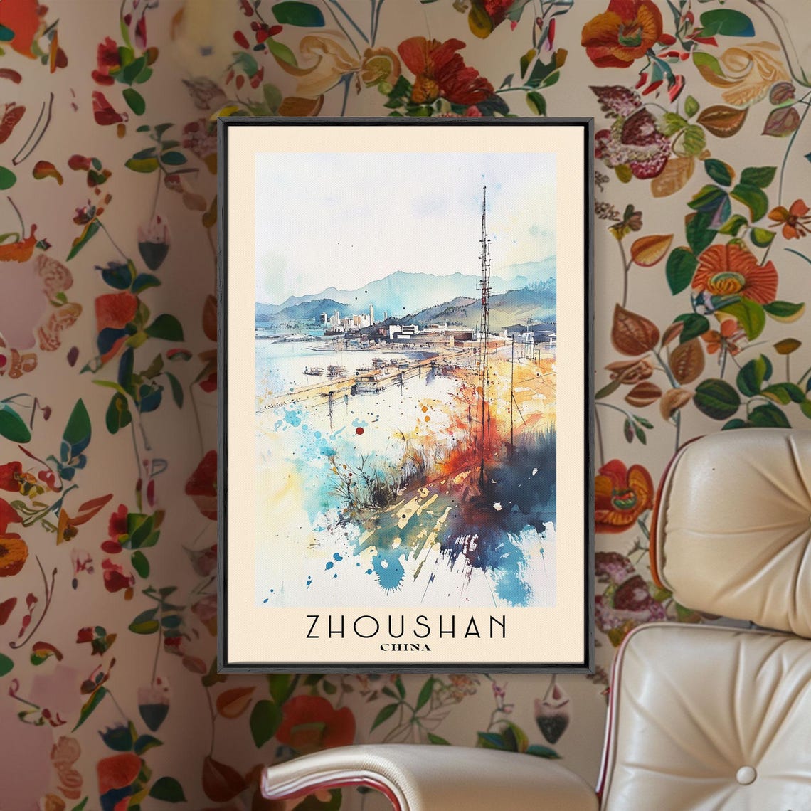 Zhoushan China Watercolor Harbor Mountain Bay View Travel Poster