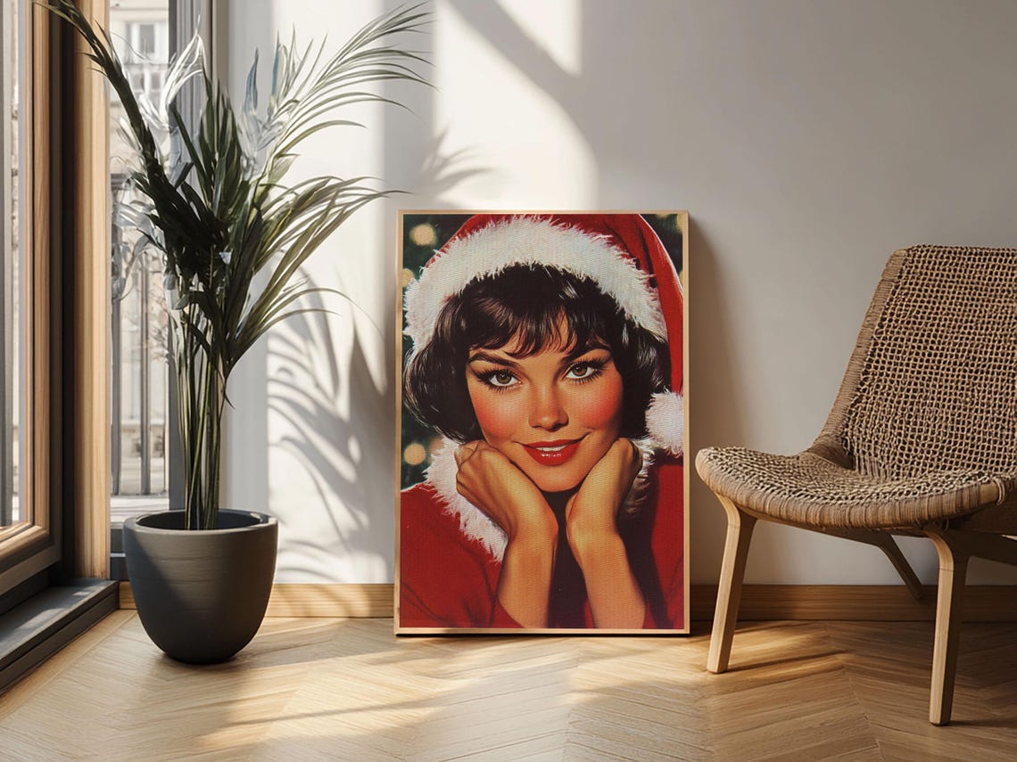 Vintage Christmas Woman Santa Hat Pin Up Retro Portrait Holiday Poster