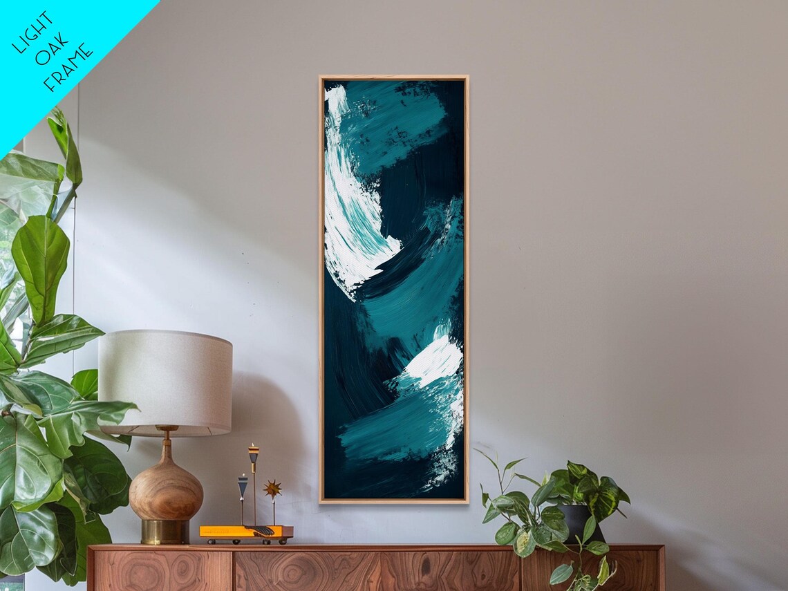 Teal Ocean Waves Tall Vertical White Brushstroke Abstract Coastal Poster - Image 5