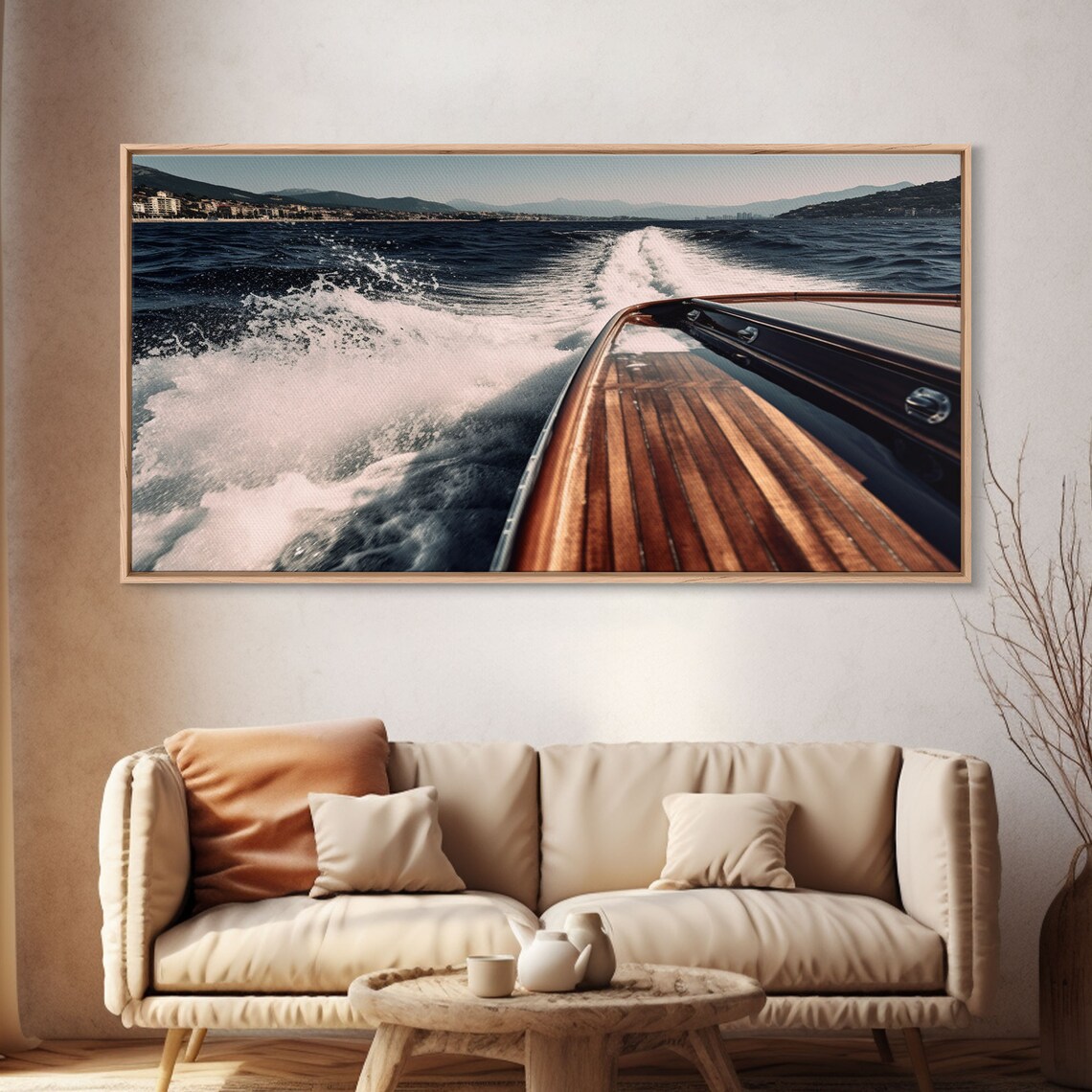 Classic Wooden Speedboat White Wake Open Sea Coastline Poster - Image 4